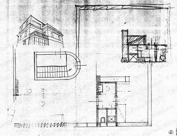 Studi di risistemazione di parti del primo piano e schizzo prospettico della sopraelevazione, scala1:50, s.d. Matita su lucido, cm 34,0x36,4. 