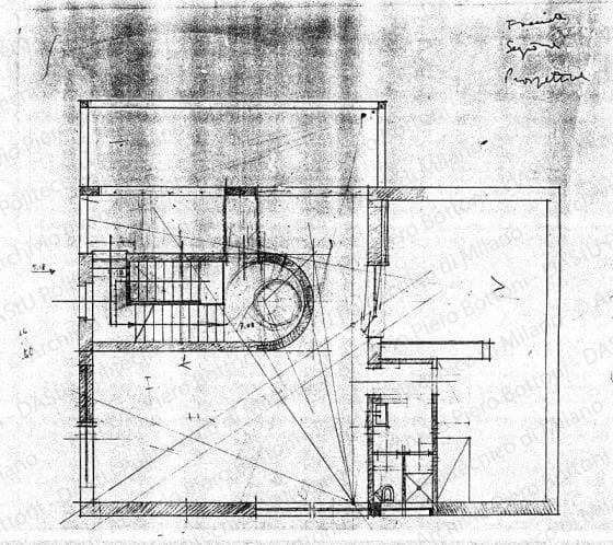 Studio della pianta del primo piano, scala 1:50, s.d. Matita su lucido, cm 36,3x37,8. 