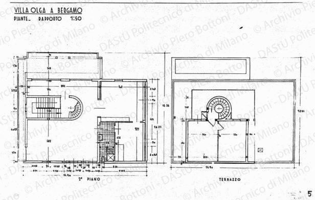 Villa Olga a Bergamo, piante, 2 piano e terrazzo, scala 1:50, prot. 2053, dicembre 1935. China e matita su lucido, cm 48,1x70,9. 