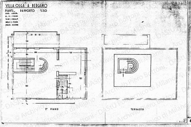 Villa Olga a Bergamo, piante, 2 piano e terrazzo, scala 1:50, prot. 2053, dicembre 1935. Eliografia su carta, cm 48,5x73,1. 