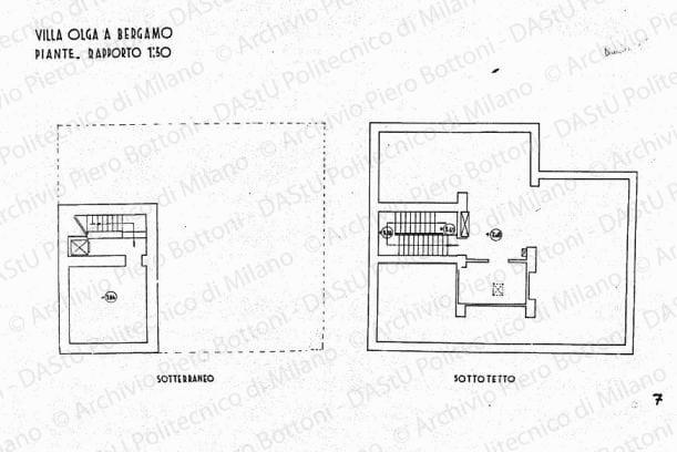 Villa Olga a Bergamo, piante sotterraneo e sottotetto, scala 1:50, s.d. China su lucido, cm 43,0x67,8.