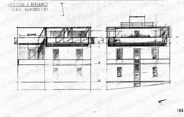Studio delle facciate su: Villa Olga a Bergamo, facciate (esistenti), scala 1:50, s.d. Matita su eliografia su carta, cm 47,2x69,2. 