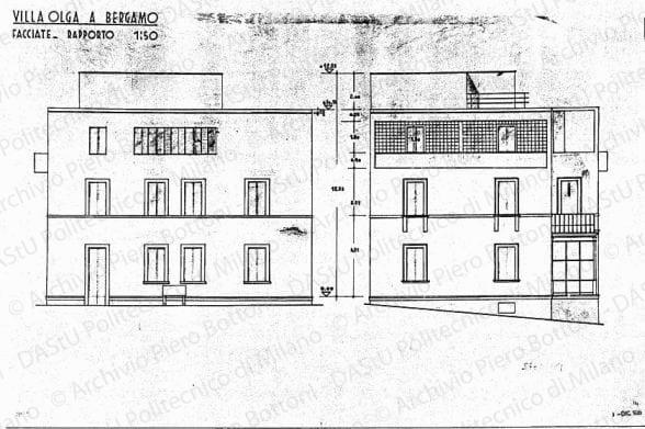 Villa Olga a Bergamo, facciate, scala 1:50, prot. 2055, dicembre 1935. China e matita su lucido, cm 46,3x72,7. 