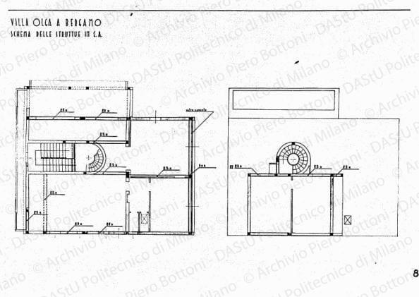 Villa Olga a Bergamo, schema delle strutture in c.a., piante, scala 1:50, s.d. China e matita su lucido, cm 47,3x69,8. 