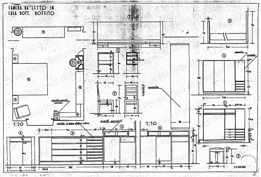Camera da letto in casa dott. Boffito, arredamento e mobili, piante, sezioni e viste, scala 1:10, 1:20, 29 agosto 1935. China e matita su lucido, cm 49,3x73,5. 