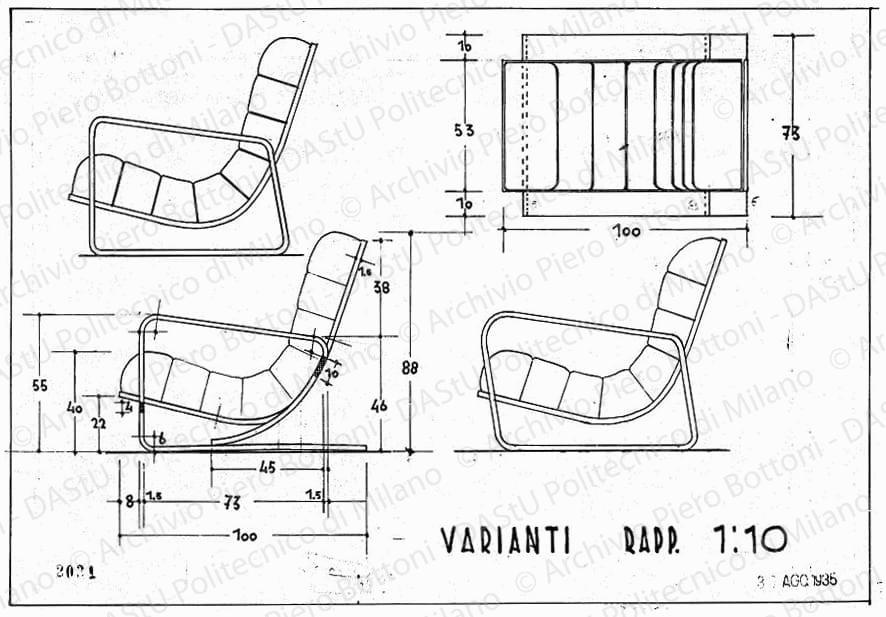 Varianti di poltrona, scala 1:10, prot. 2021, 30 agosto 1935. China su lucido, cm 25,2x38,8. 