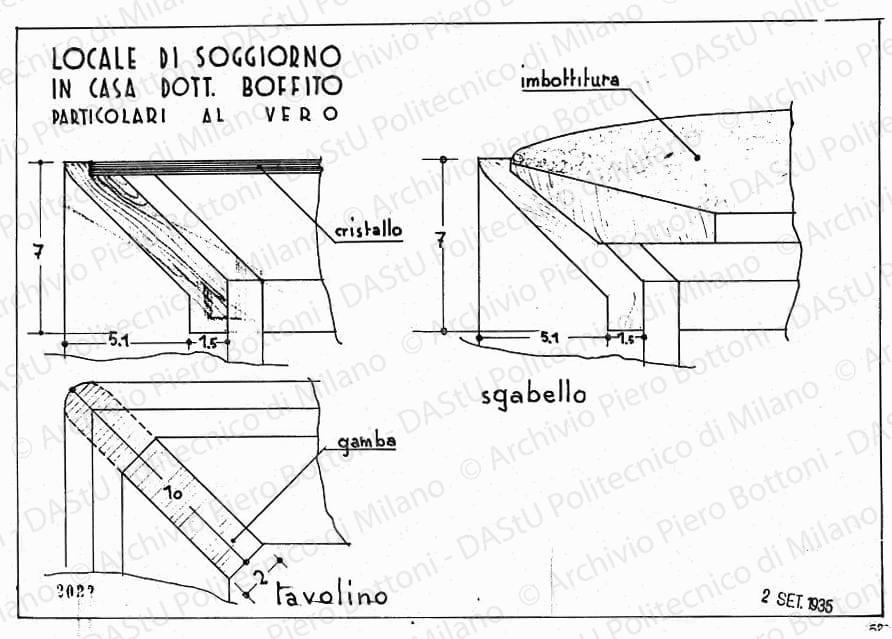 Locale di soggiorno in casa dott. Boffito, particolari tavolino e sgabello, scala 1:1, prot. 2022, 3 settembre 1935. China e matita su lucido, cm 26,2x36,3. 