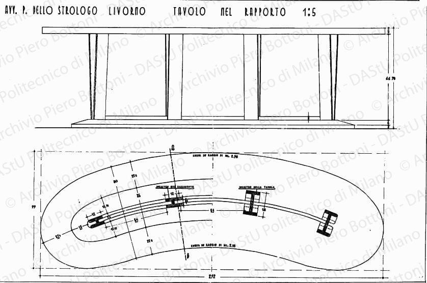Avv. P. Dello Strologo Livorno, tavolo, pianta e vista frontale, scala 1:5, s.d. China su lucido, cm 54,0x74,4. 