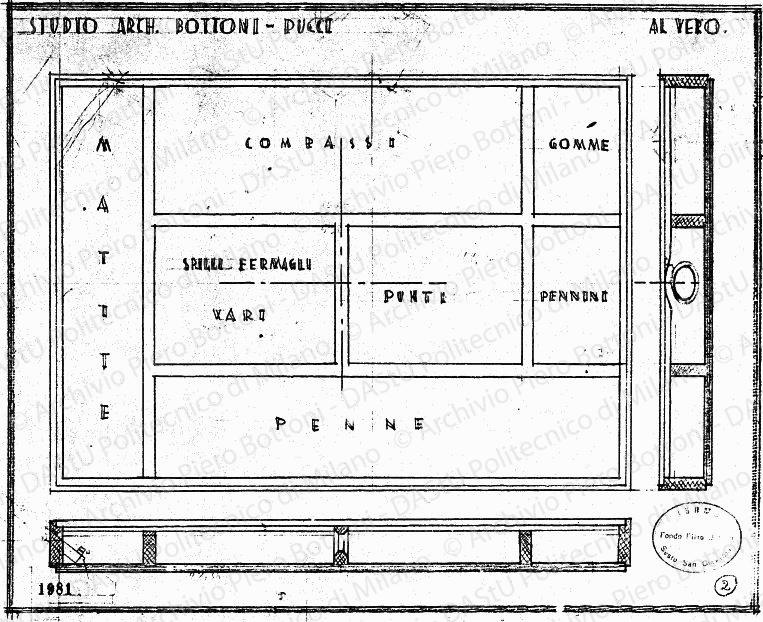 Studio arch. Bottoni-Pucci, contenitore per cancelleria, viste e sezioni, scala 1:1, prot. 1981, s.d. Matita su lucido, cm 30,3x37,5. 