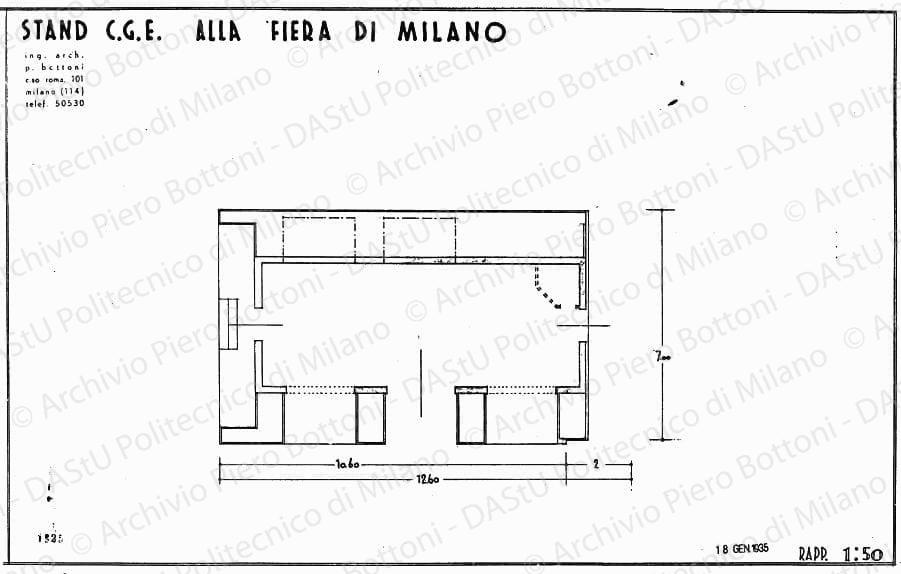 Stand C.G.E. alla Fiera di Milano, pianta, scala 1:50, prot. 1925, 18 gennaio 1935. China e matita su lucido, cm 35,0x55,7. 