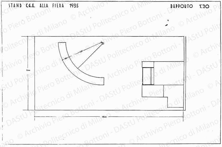 Stand C.G.E. alla Fiera 1935, pianta, scala 1:20, s.d. China su lucido, cm 50,3x75,5. 