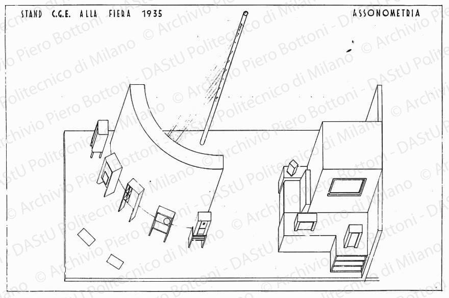 Stand C.G.E. alla Fiera 1935, assonometria, scala 1:20, s.d. China e matita su lucido, cm 49,2x74,3.