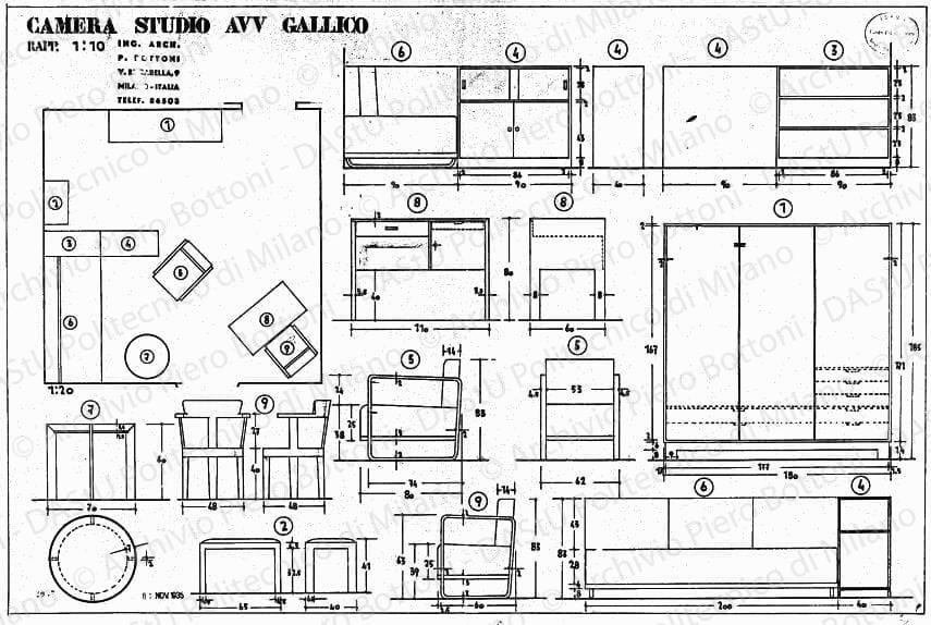 Camera-studio avv. Galligo, arredamento e mobili, piante, sezioni e viste, scala 1:10, 1:20, prot. 2037,1 novembre 1935. China e matita su lucido, cm 49,0x73,0. 