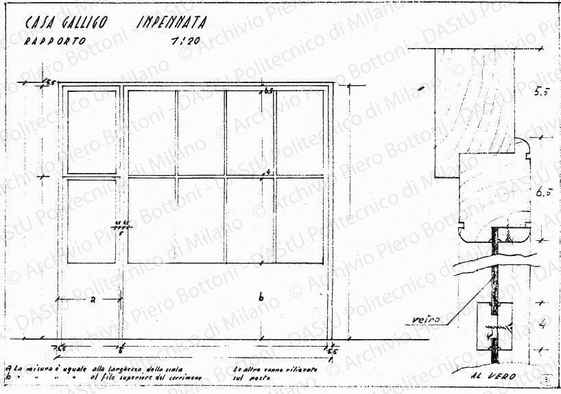 Casa Galligo, impennata, prospetto e particolare, scala 1:1, 1:20, s.d. China e matita su lucido, cm 24,9x36,4. 