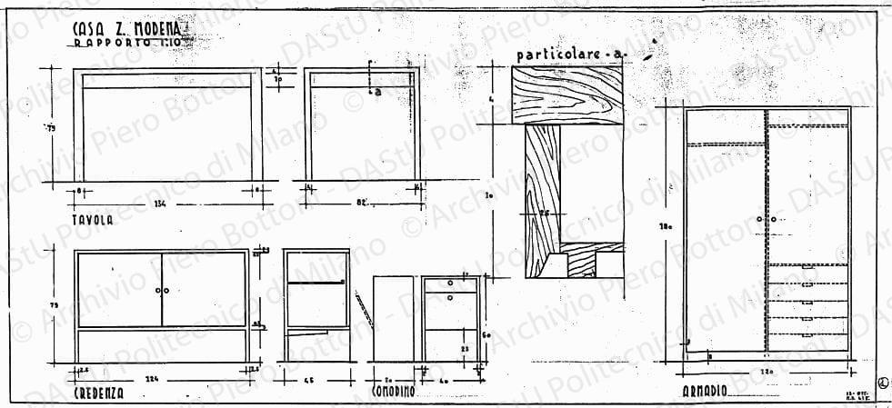 Casa Z. Modena, tavola, credenza, comodino, armadio, viste, sezioni e particolare, scala 1:1,1:10, 13 ottobre. China su lucido, cm 29,7x63,8. 