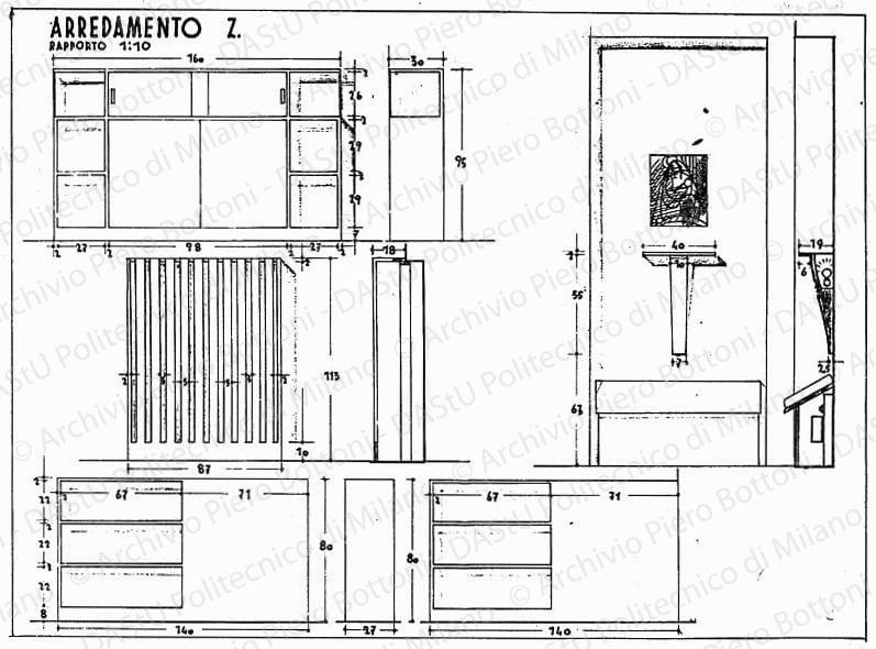 Arredamento Z., mobili vari, viste e sezioni, scala 1:10, s.d. China e matita su lucido, cm 35,7x49,7. 