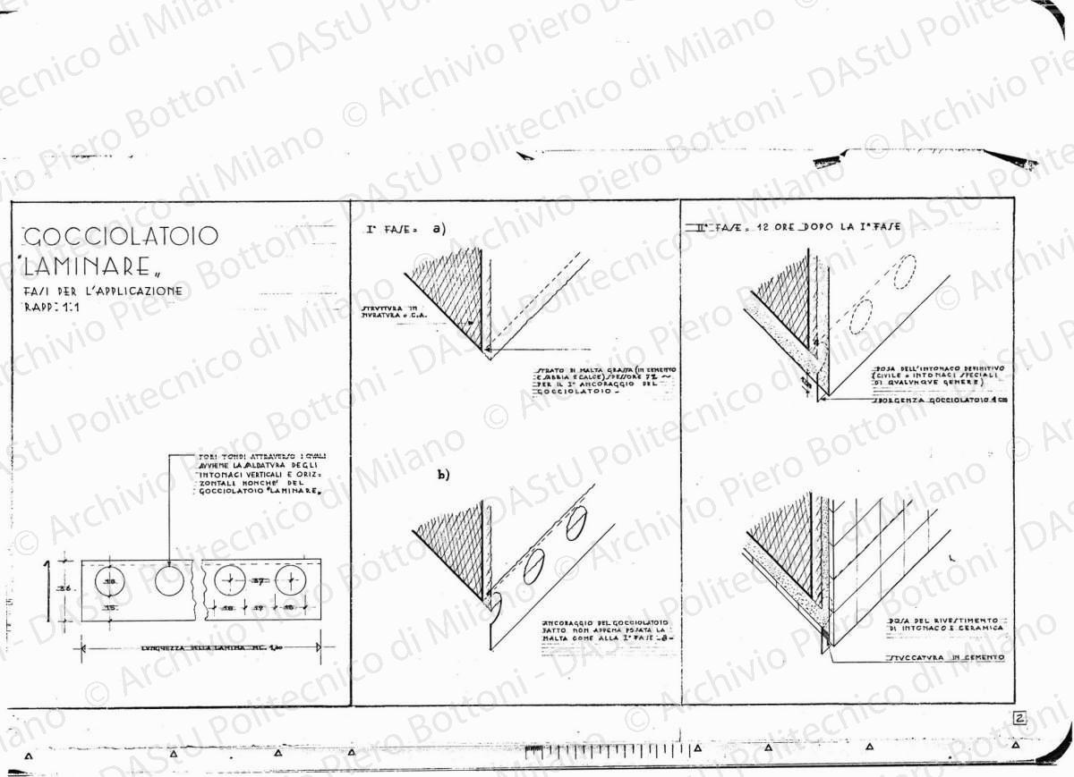 Gocciolatoio laminare, fasi per l'applicazione, scala 1:1, s.d. Matita e matita blu su lucido, cm 35,8x63,0.