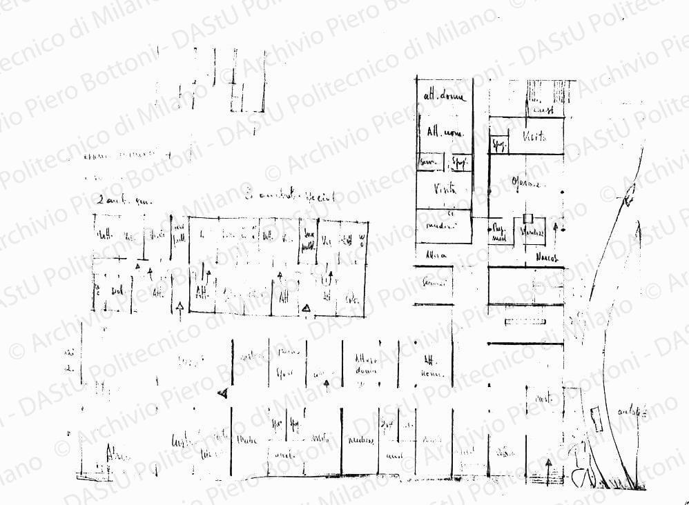 Piante schematiche piano terra, scala 1:200, s.d. Matita su lucido, cm 23,8x32,0. 