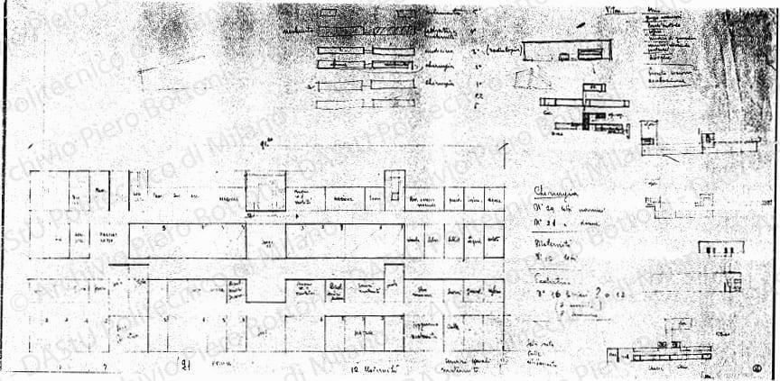 Piante schematiche di due piani, schizzi planimetrici e schema di distribuzione ai piani dei reparti, scala 1:200, s.d. Matita su lucido, cm 36,6x73,9. 