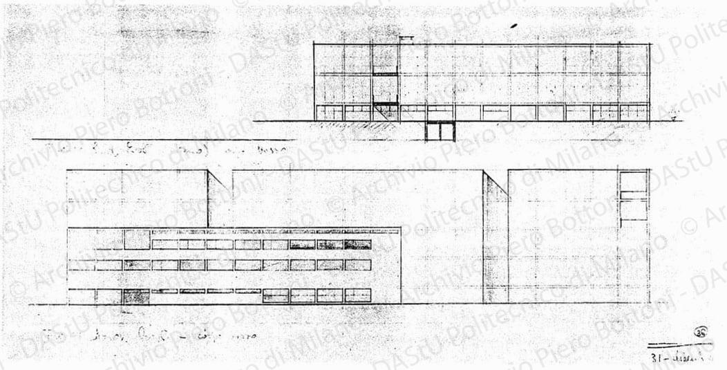 Fronte sud-est corpo basso (interno), fronte nord ovest corpo basso, scala 1:200, 31 dicembre. Matita su lucido, cm 25,6x47,0. 