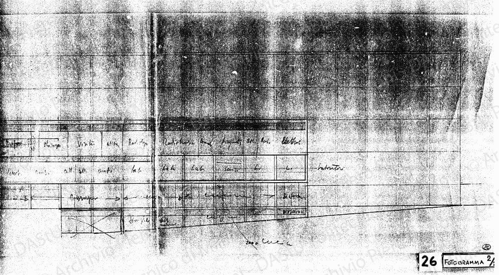 Sezione longitudinale sul corpo basso, scala 1:100, s.d. Matita su lucido, cm 29,0x89,8.