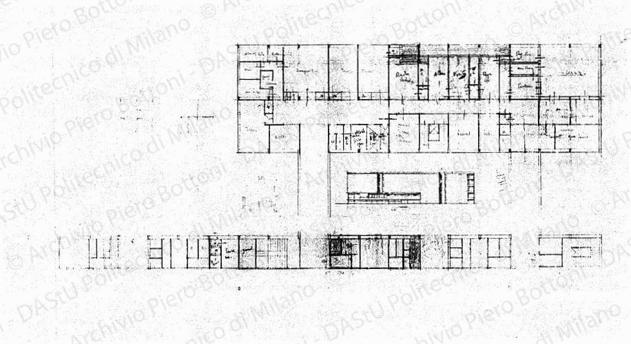 Pianta e fronte nord-ovest con corpo basso, scala 1:100, 1:500, s.d. Matita su lucido, cm45,2x82,4. 