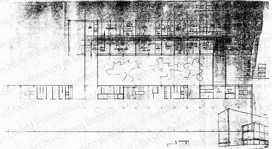 Pianta primo piano, scala 1:100, s.d. Matita su eliografia su carta, cm 43,4x78,2.
