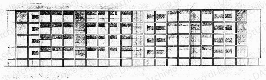 Fronte nord-ovest (interno), scala 1:200, s.d. Matita e china su lucido, cm 12,6x46,4.