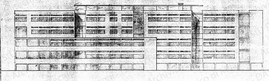 Fronte nord-ovest con corpo basso, scala 1:200, s.d. Matita su lucido, cm 23,1x45,8.