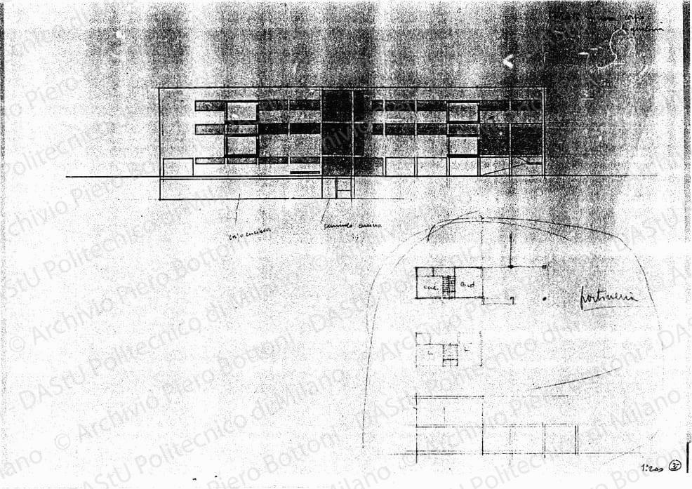 Facciata interna corpo (basso) sala operatoria e schizzi in pianta della portineria, scala 1:200, s.d. Matita su lucido, cm 28,9x41,1. 
