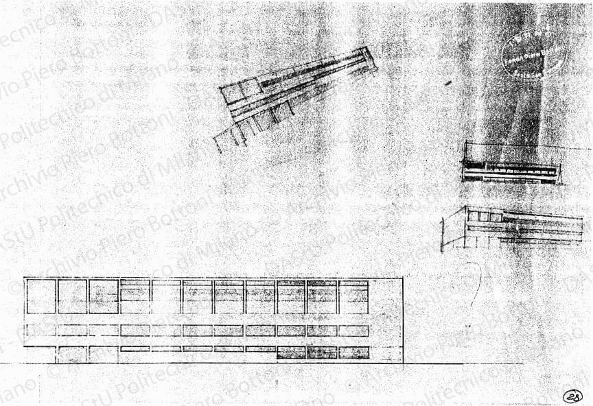 Fronte nord-ovest corpo basso e schizzi prospettici, scala 1:200, s.d. Matita su lucido, cm 24,6x36,8. 