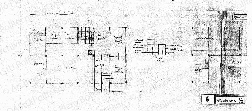 Piante corpo basso quota 0,00 e -2,50, schizzo di sezione, scala 1:100, s.d. Matita su lucido, cm 19,2x94,4. 