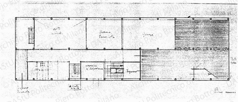 Corpo basso pianta piano ammezzato, scala 1:100, s.d. Matita e china su lucido, cm 25,2x55,3. 