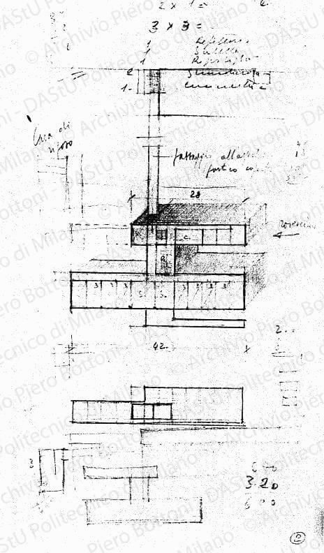 Casa di riposo, schizzo planivolumetrico e piante, s.d. Matita su lucido, cm 29,0x15,3.
