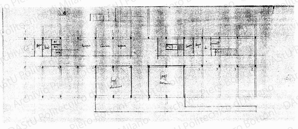 Casa di riposo, pianta piano terra, scala 1:100, s.d. Matita su lucido, cm 23,8x65,7. 