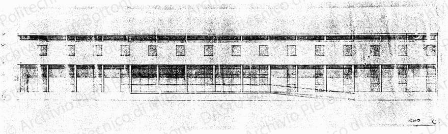 Casa di riposo, prospetto, scala 1:100, s.d. Matita su lucido, cm 14,1x54,0. 
