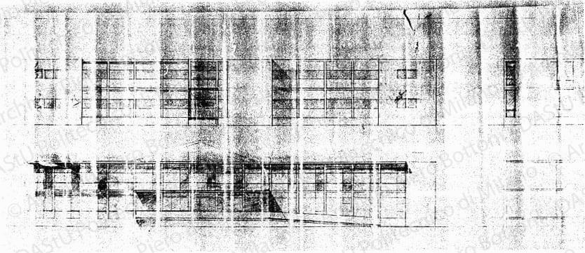 Casa di riposo, prospetti e sezione, scala 1:100, s.d. Matita su lucido, cm 34,0x77,3.