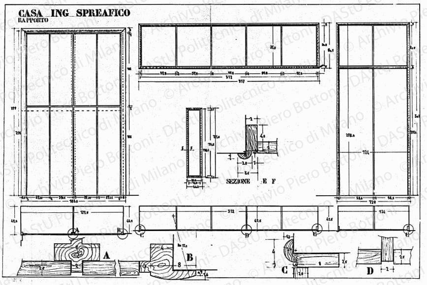 Casa ing. Spreafico, armadi a muro, piante, sezioni, viste e particolari, scala 1:1, 1:10, prot. 2066, s.d. China e matita su lucido, cm 48,3x73,2. 
