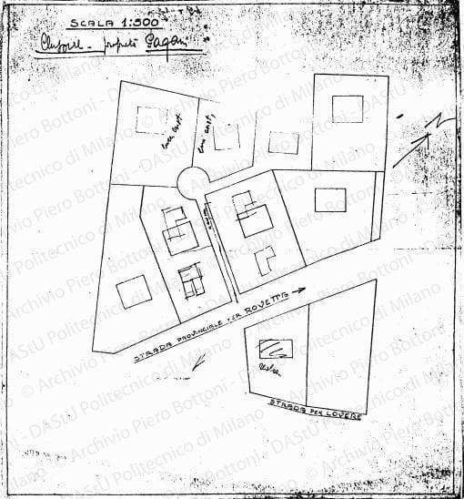 Clusone proprietà Pagani, planimetria, scala 1:500, s.d. Matita su eliografia su carta, cm 40,5x37,0. Annotazioni a matita.