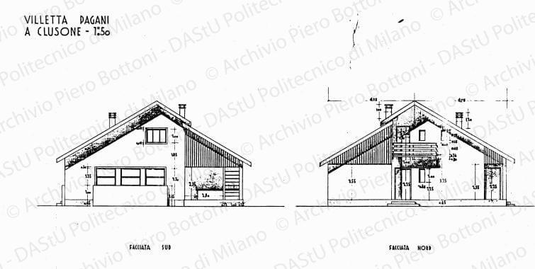 Villetta Pagani a Clusone, facciata sud, facciata nord, scala 1:50, s.d. China e matita su lucido, cm 39,6x85,5. 