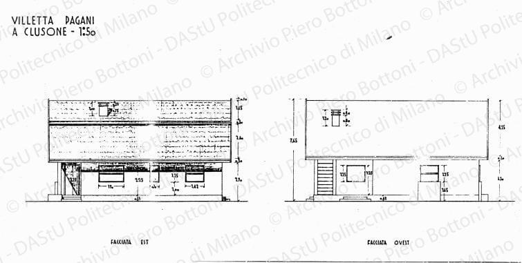 Villetta Pagani a Clusone, facciata est, facciata ovest, scala 1:50, s.d. China e matita su lucido, cm 40,0x85,0. 