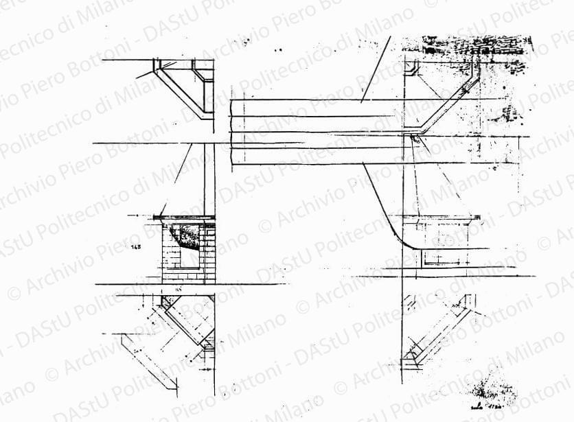 Camino, pianta, alzati e particolare cornice, scala 1:1, 1:20, s.d. Matita su lucido, cm 39,9x48,4. 