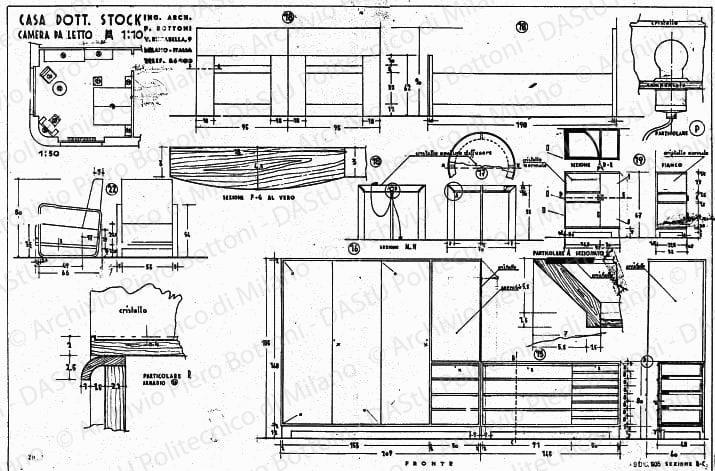 Casa dott. Stock, Camera da letto arredamento e mobili, piante, sezioni, viste e particolari, scala 1:1,1:10, 1:50, prot. 2042, 18 dicembre 1935. China e matita su lucido, cm 48,7x73,2. 
