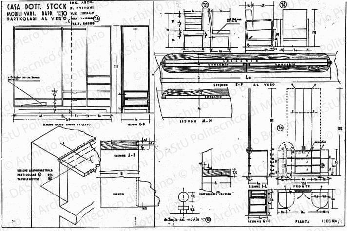 Casa dott. Stock, mobili vari camera da letto, piante, sezioni, viste e particolari, scala 1:1, 1:10, prot. 2043, 18 dicembre 1935. China e matita su lucido, cm 49,0x76,0. 