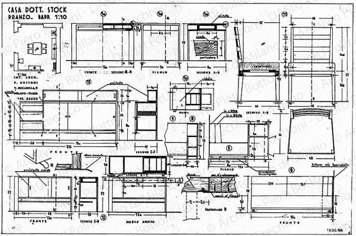 Casa dott. Stock, pranzo arredamento e mobili, piante, sezioni, viste e particolari, scala 1:1, 1:10, 1:50, prot. 2044, 18 dicembre 1935. China e matita su lucido, cm 49,0x75,6. 