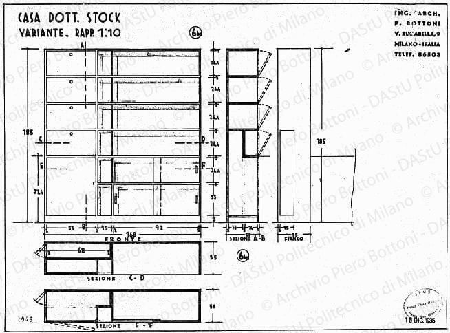 Casa dott. Stock, variante mobile, sezioni e viste, scala 1:10, prot. 2046, 18 dicembre 1935. China e matita su lucido, cm 36,6x50,0. 