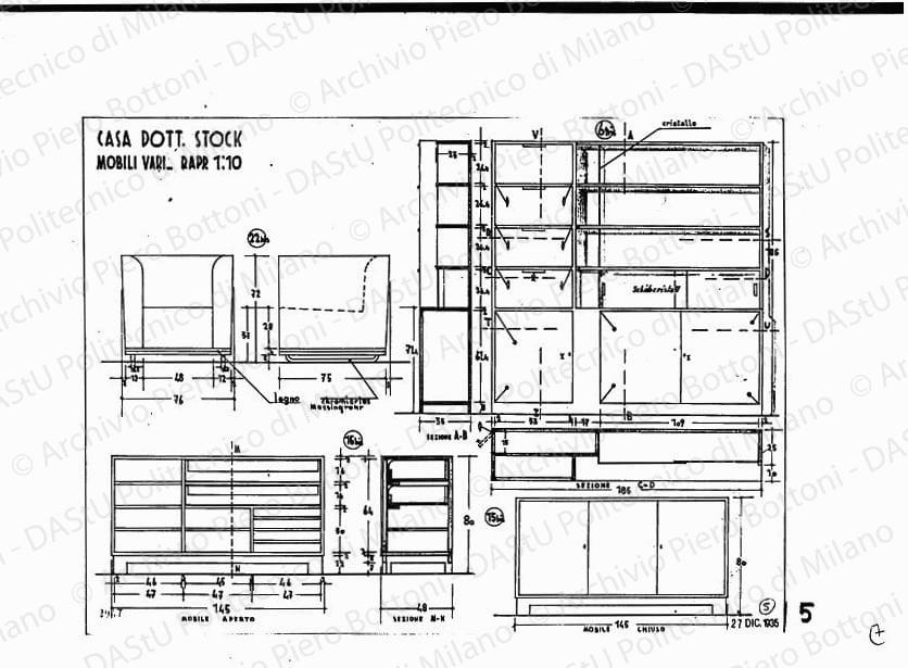 Casa dott. Stock, mobili vari, sezioni e viste, scala 1:10, prot. 2047, 27 dicembre 1935. China e matita su lucido, cm 35,0x47,7. 