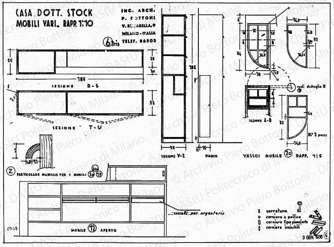 Casa dott. Stock, mobili vari, viste, sezioni e particolare, scala 1:1, 1:5, 1:10, prot. 2068, 3 gennaio 1936. China e matita su lucido, cm 36,6x48,8. 