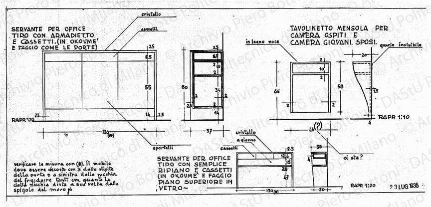 Mobili, viste e sezioni, scala 1:10, 1:20, 23 luglio 1935. China e matita su lucido, cm 22,7x49,0.