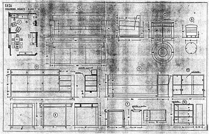 Soggiorno-pranzo, arredamento e mobili, piante, sezioni e viste, scala 1:10, 1:50, s.d. China su lucido, cm 48,2x75,2. 
